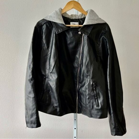 Rue 21+ Jacket 3X Retro Moto Zip Faux Leather Hood Mixed Media Streetwear Grunge - Picture 11 of 11